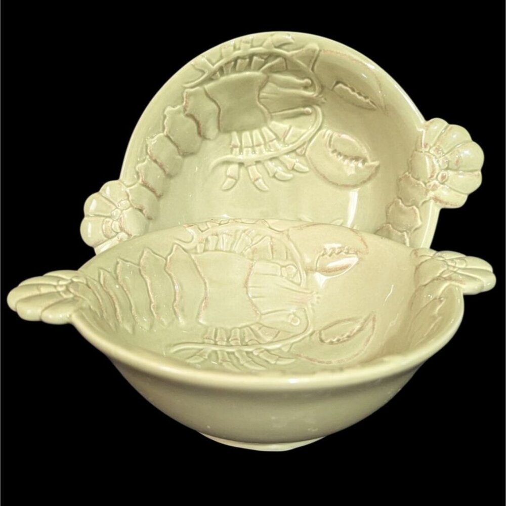 Magenta Celadon Olive‎ Green Lobster Bowls  set of 2 Ceramic 3D Coastal Nautical